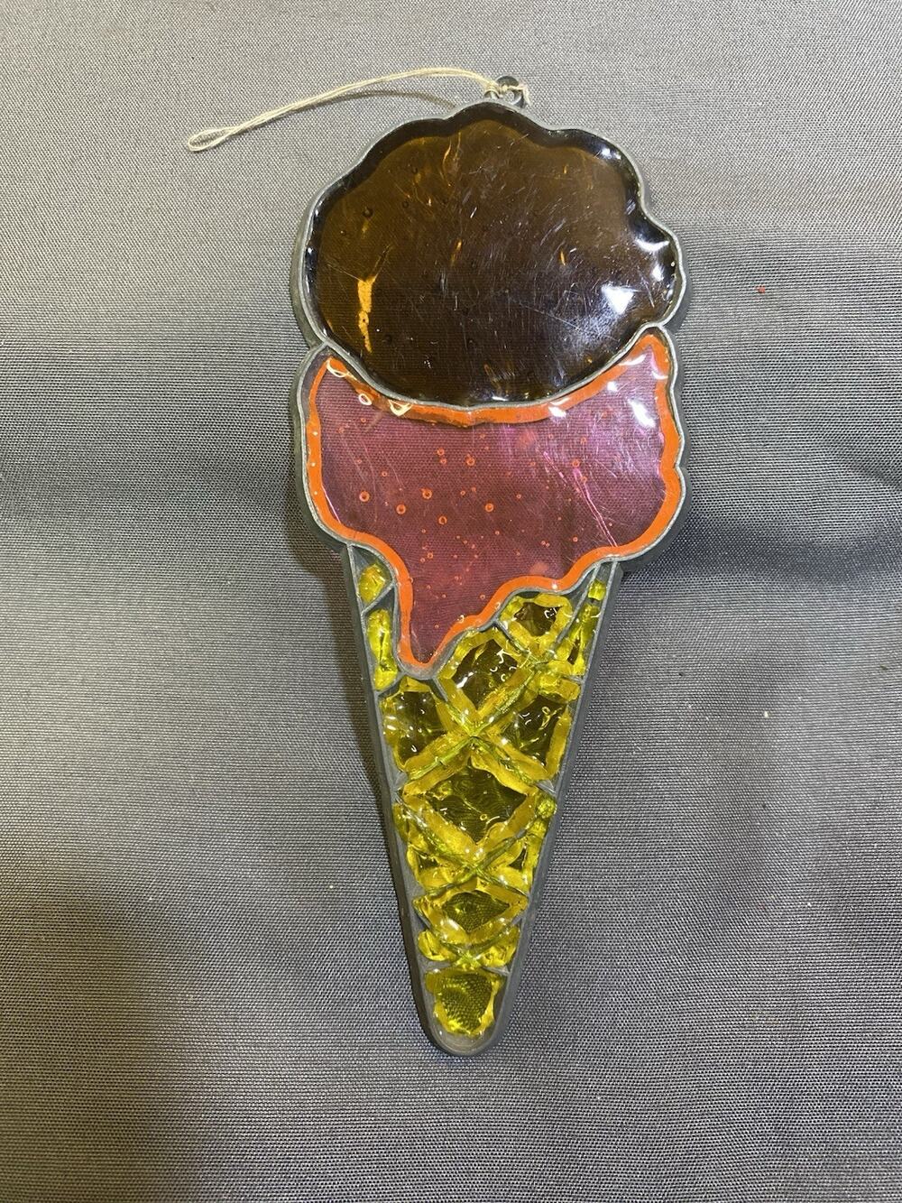 Vintage Stained Glass Sun Catcher Ice Cream Cone Yellow Pink Brown